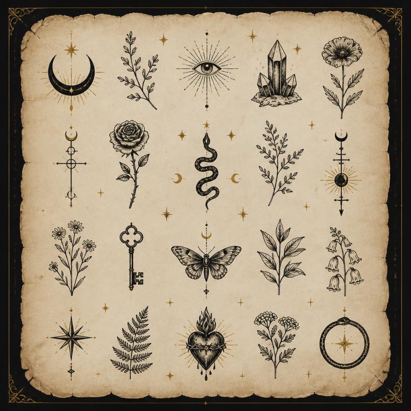 Tattoo flash sheet with occult symbols